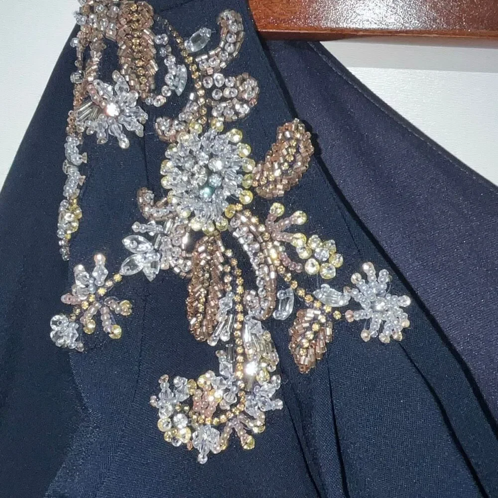 Marchesa Notte Navy One Shoulder Beaded Stretch Crepe Long Gown Size 2‎ NWT